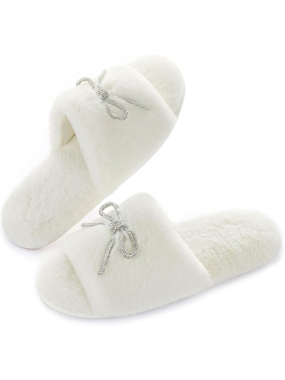 Women's White Faux Fur Fuzzy House Slippers with Rhinestone Bow knot Non Slip
